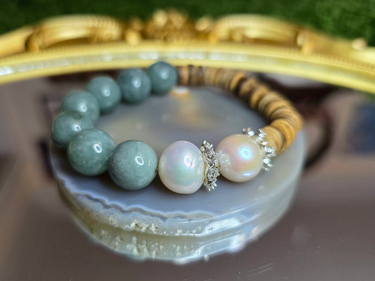 Jadeite, Pearl, and Wood Stretch Bracelet