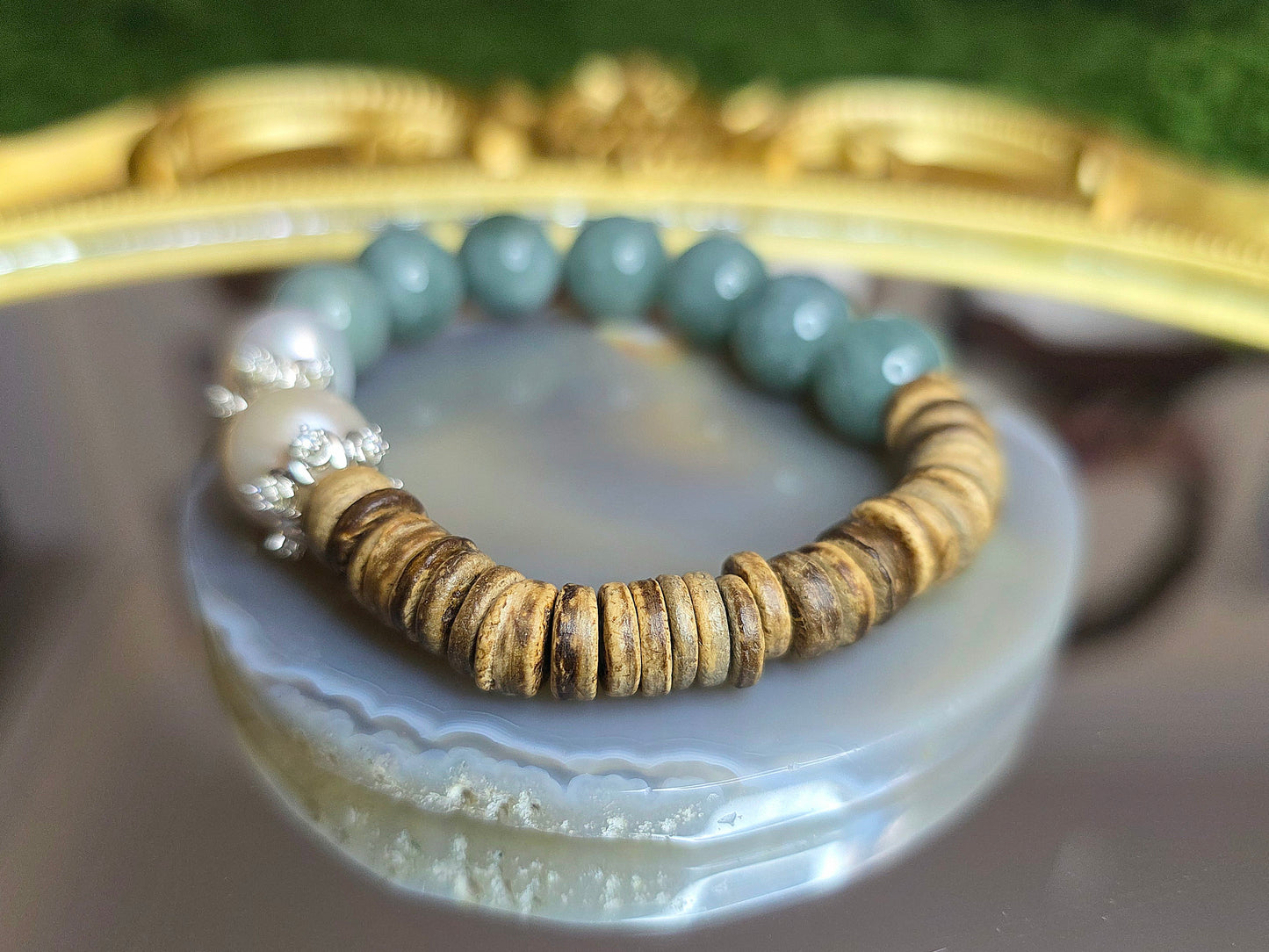 Jadeite, Pearl, and Wood Stretch Bracelet