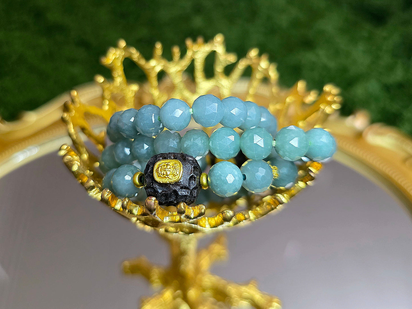 Jadeite and Wood Stretch Buddist Bracelet A