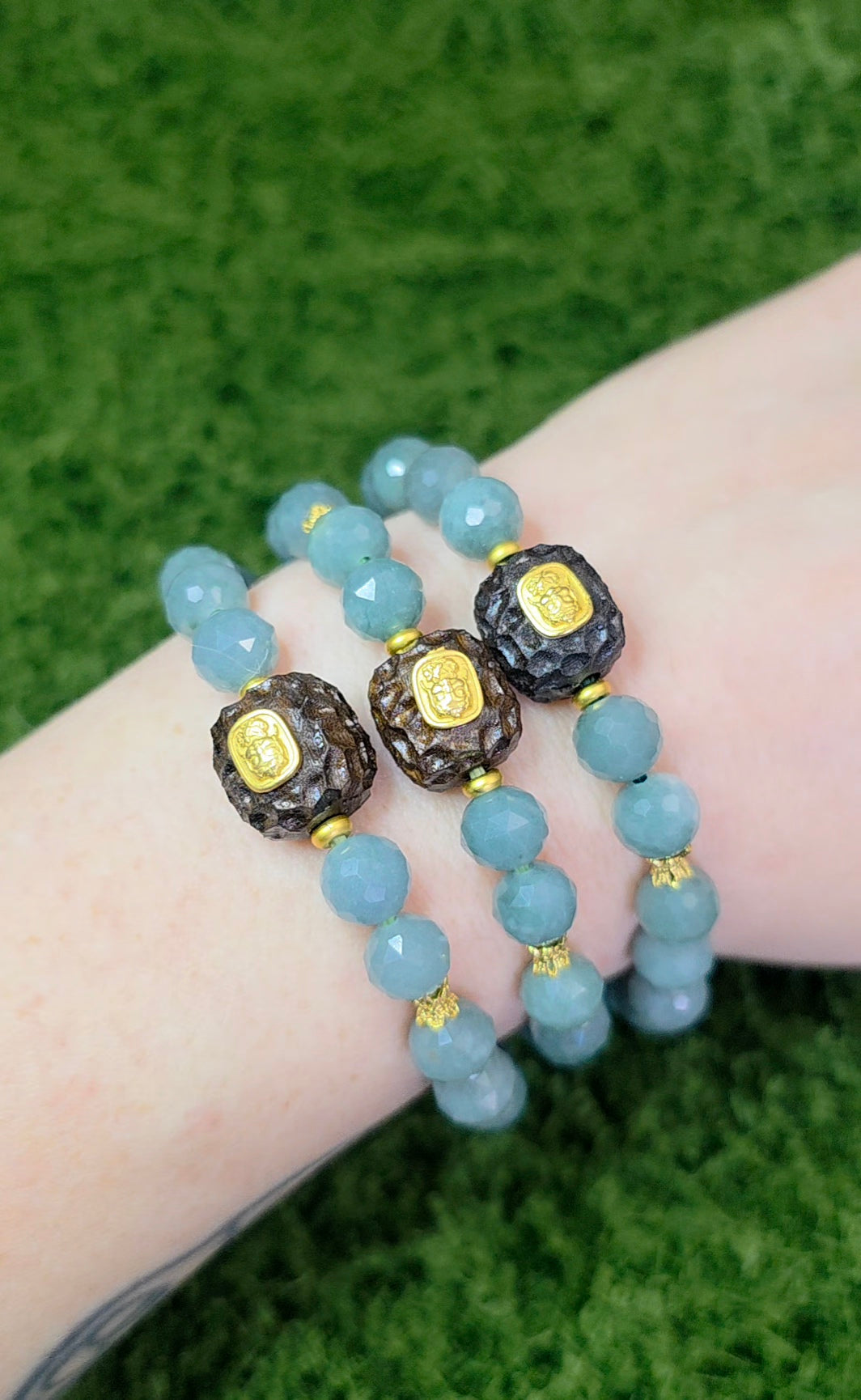 Jadeite and Wood Stretch Buddist Bracelet A