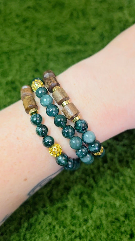Jadeite and Wood Stretch Bracelet