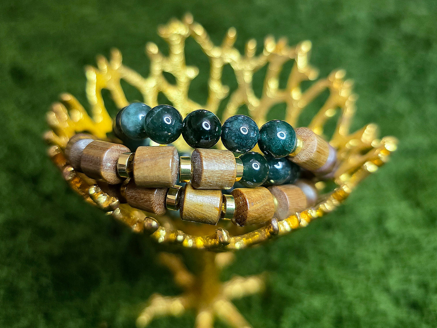 Jadeite and Wood Stretch Bracelet