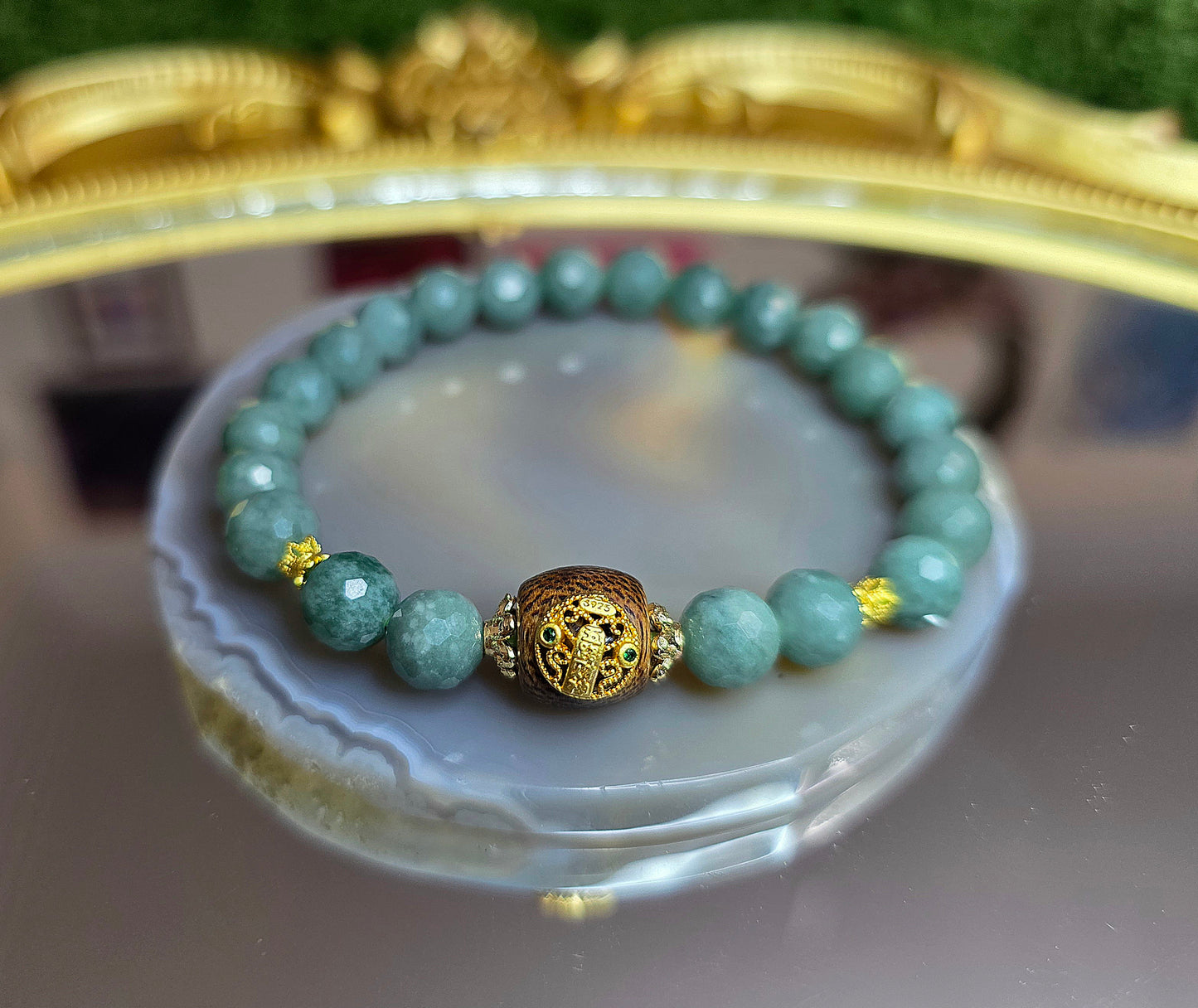 Jadeite and Wood Stretch Buddist Bracelet B