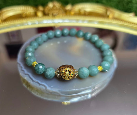 Jadeite and Wood Stretch Buddist Bracelet B