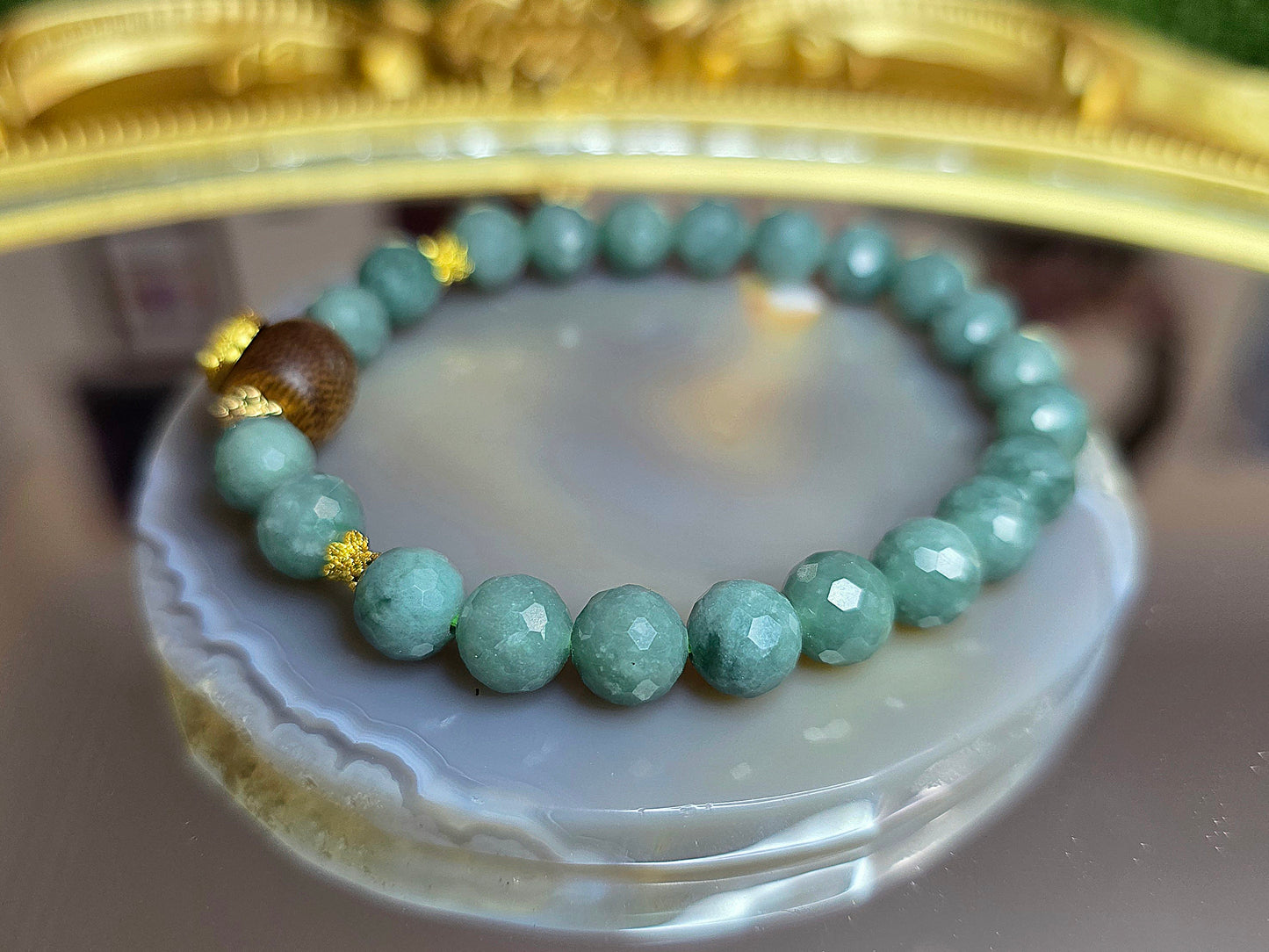 Jadeite and Wood Stretch Buddist Bracelet B