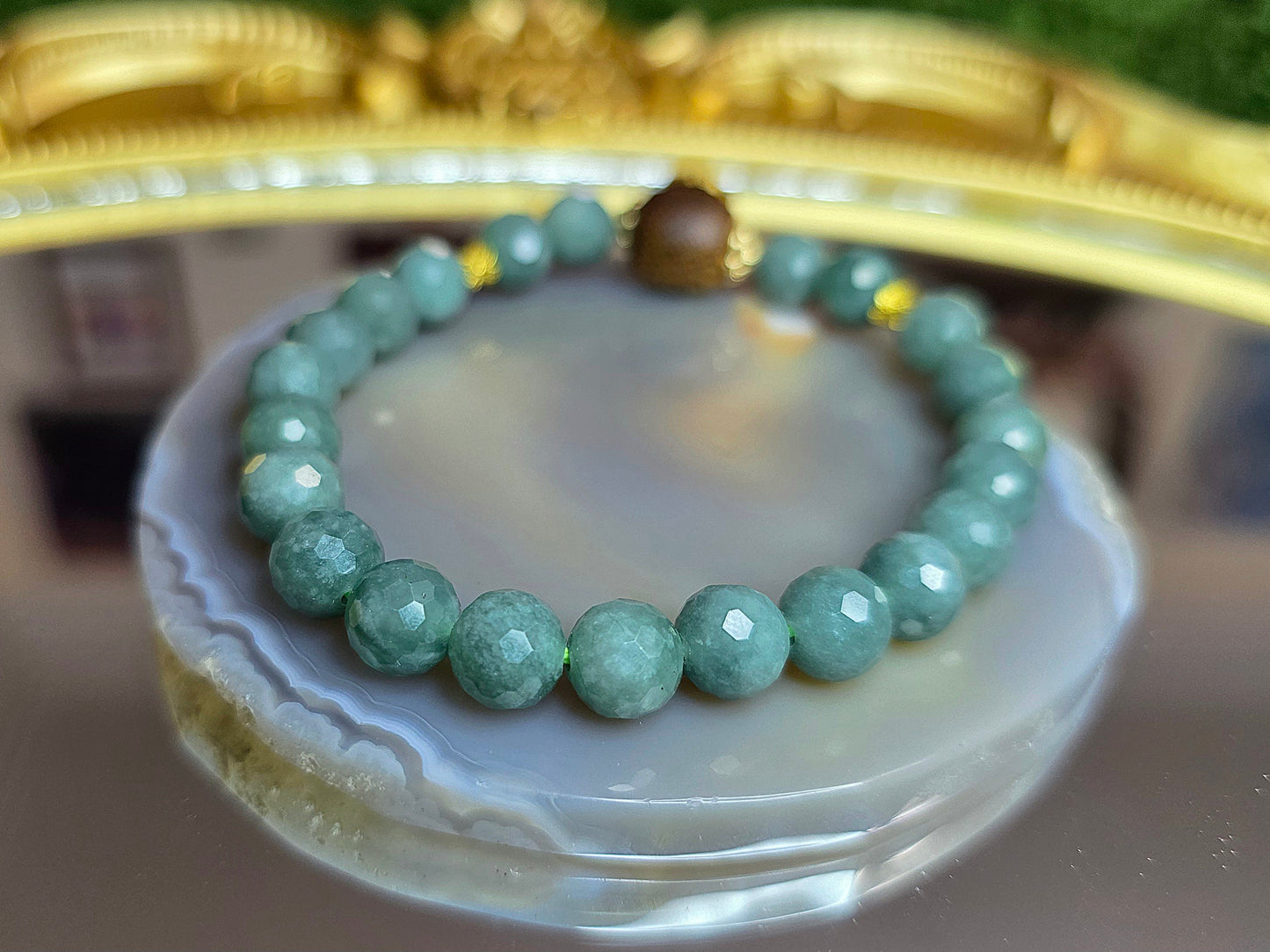 Jadeite and Wood Stretch Buddist Bracelet B