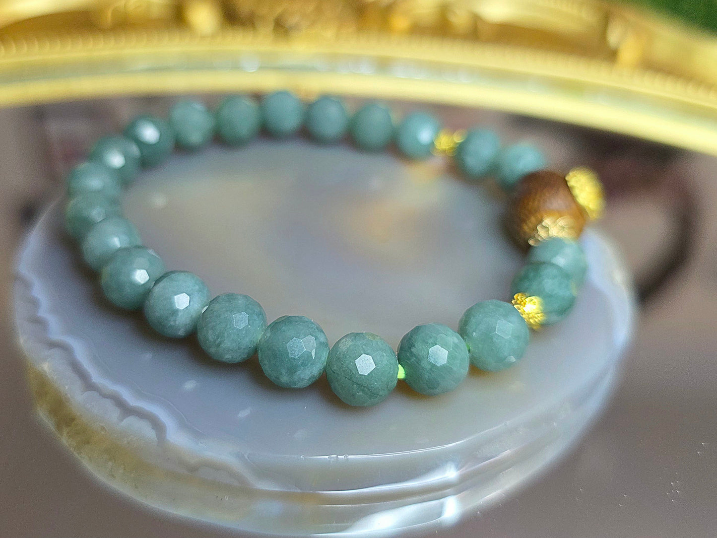 Jadeite and Wood Stretch Buddist Bracelet B