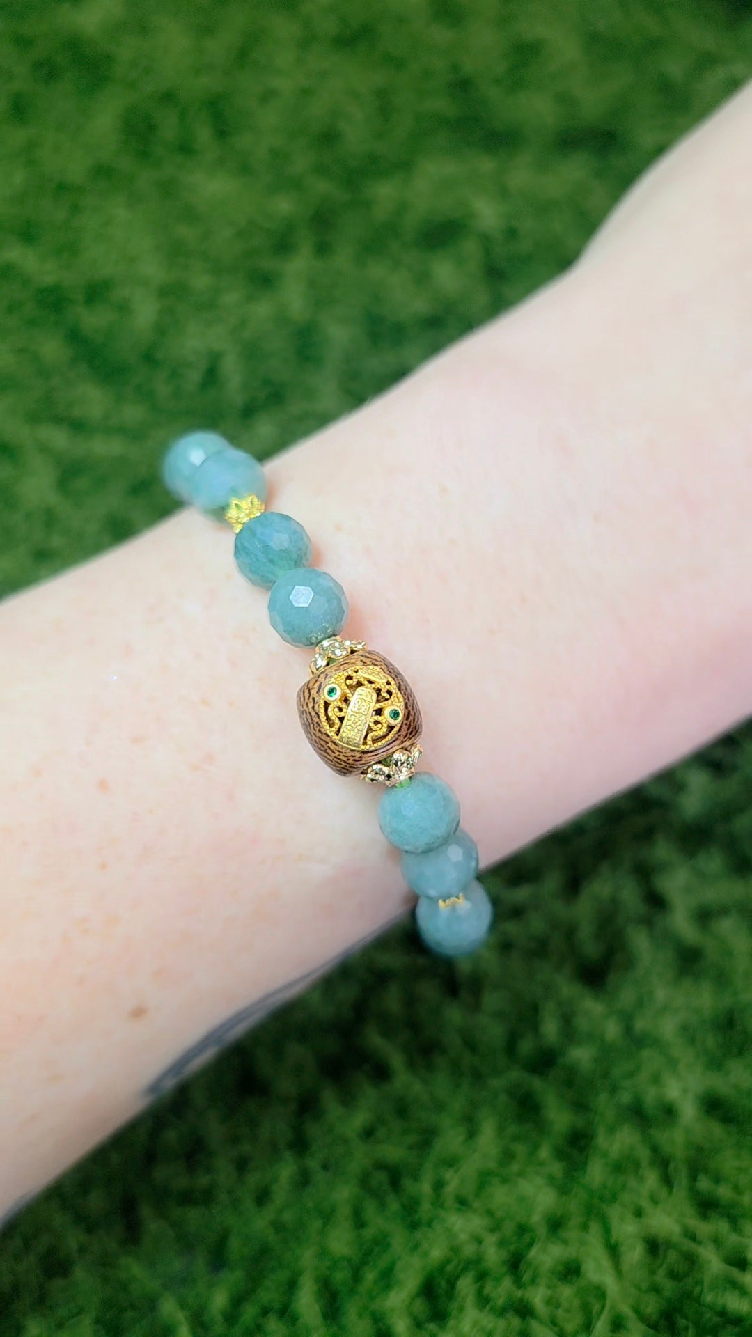 Jadeite and Wood Stretch Buddist Bracelet B