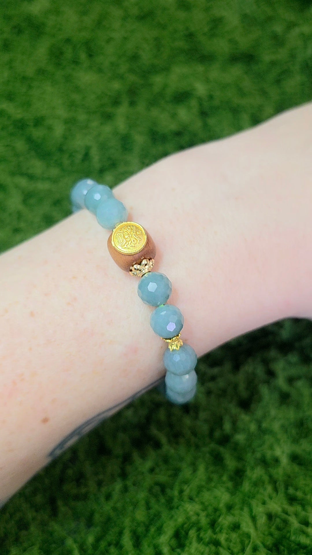 Jadeite and Wood Stretch Taotie Mask Bracelet