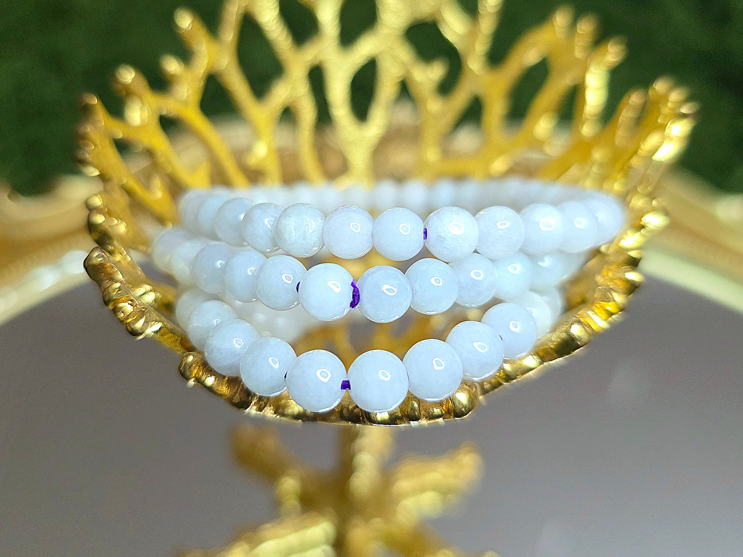 5mm White Jadeite Stretch Bracelet on Purple Cord