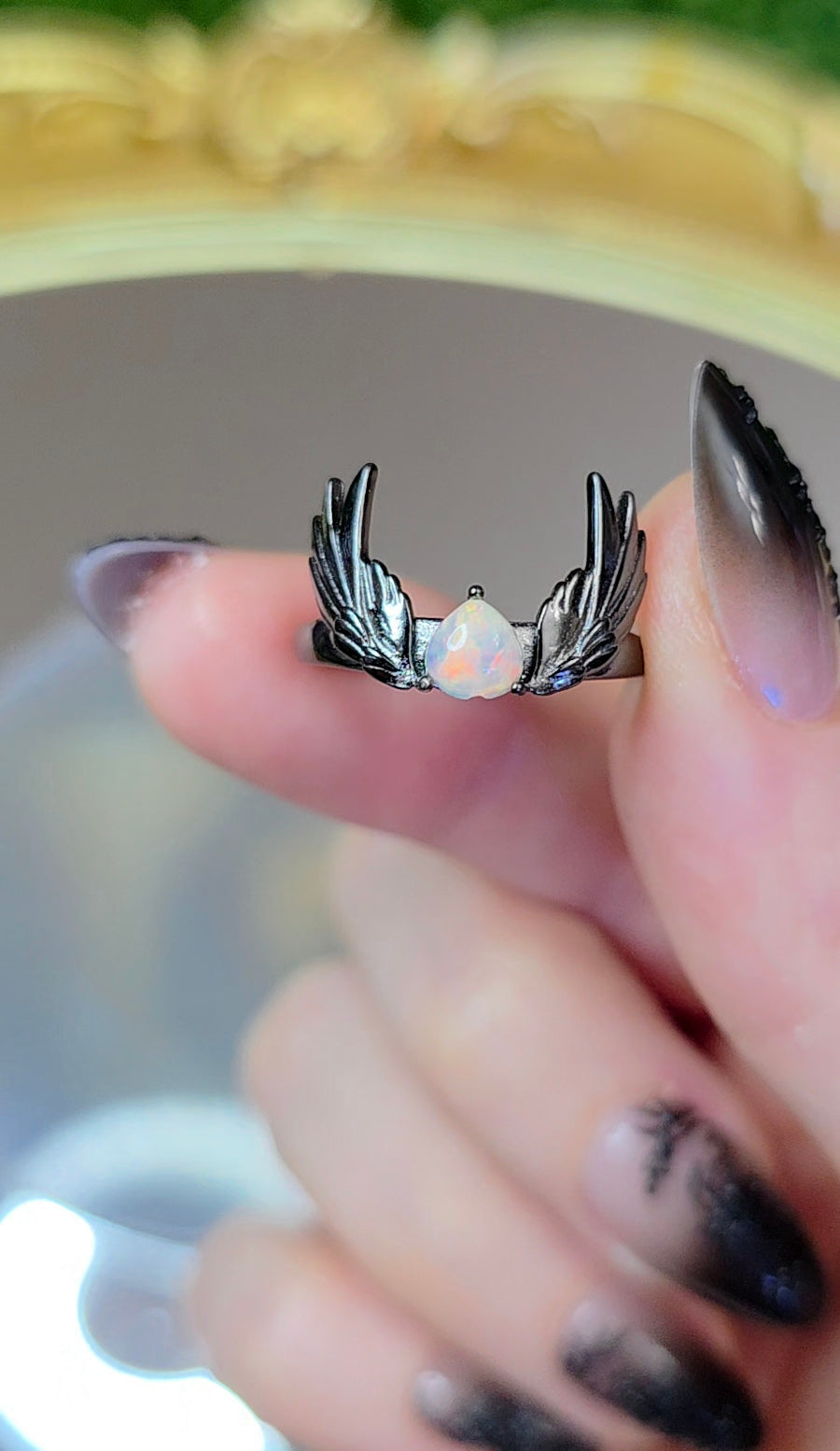 Opal and Black Silver Wings Ring