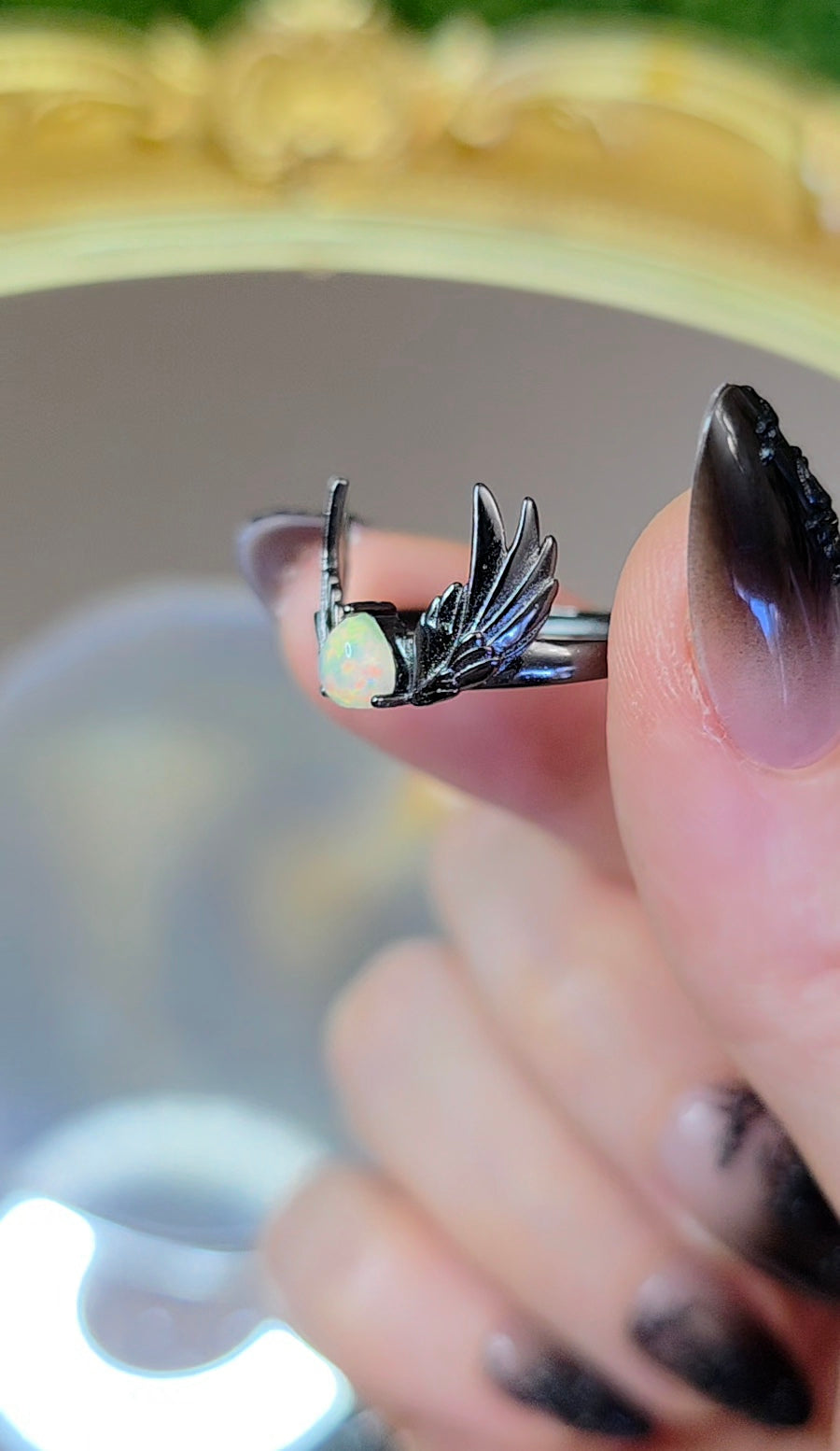 Opal and Black Silver Wings Ring