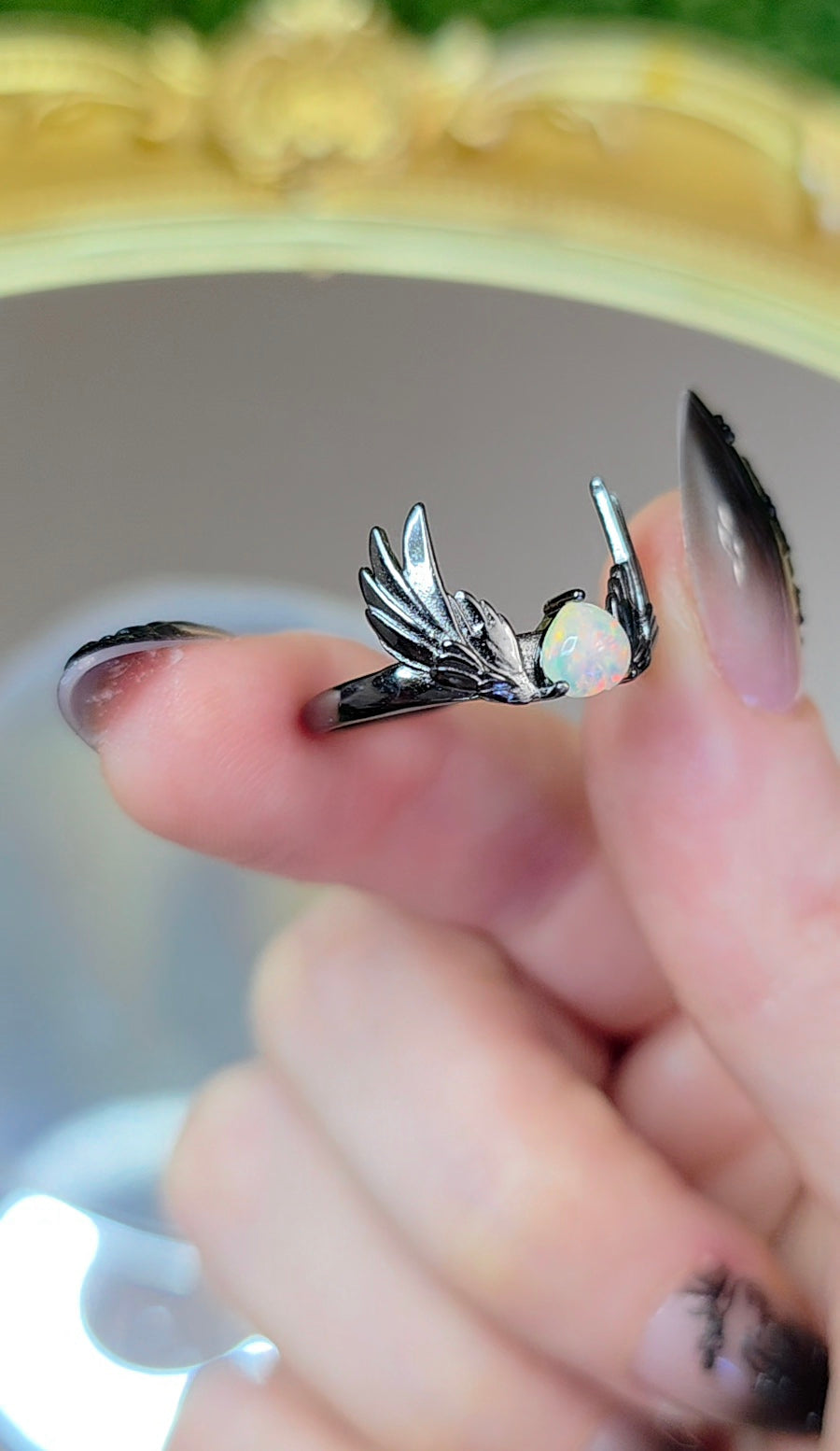 Opal and Black Silver Wings Ring