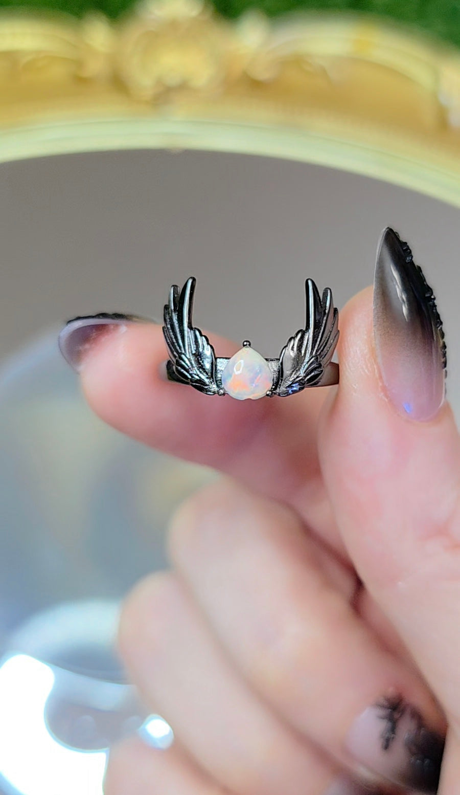 Opal and Black Silver Wings Ring