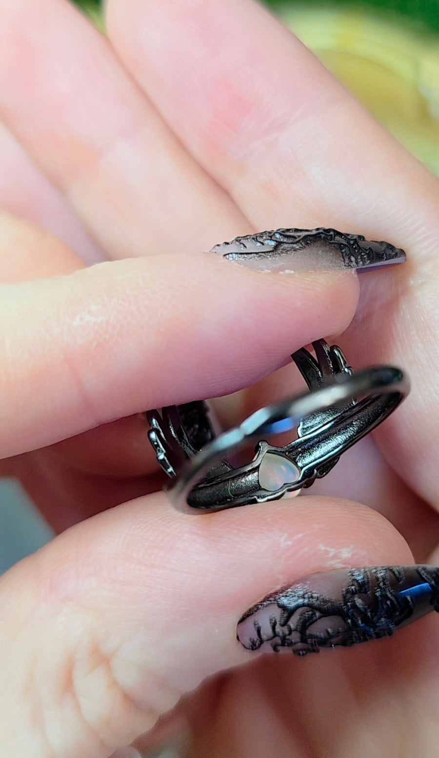 Opal and Black Silver Wings Ring