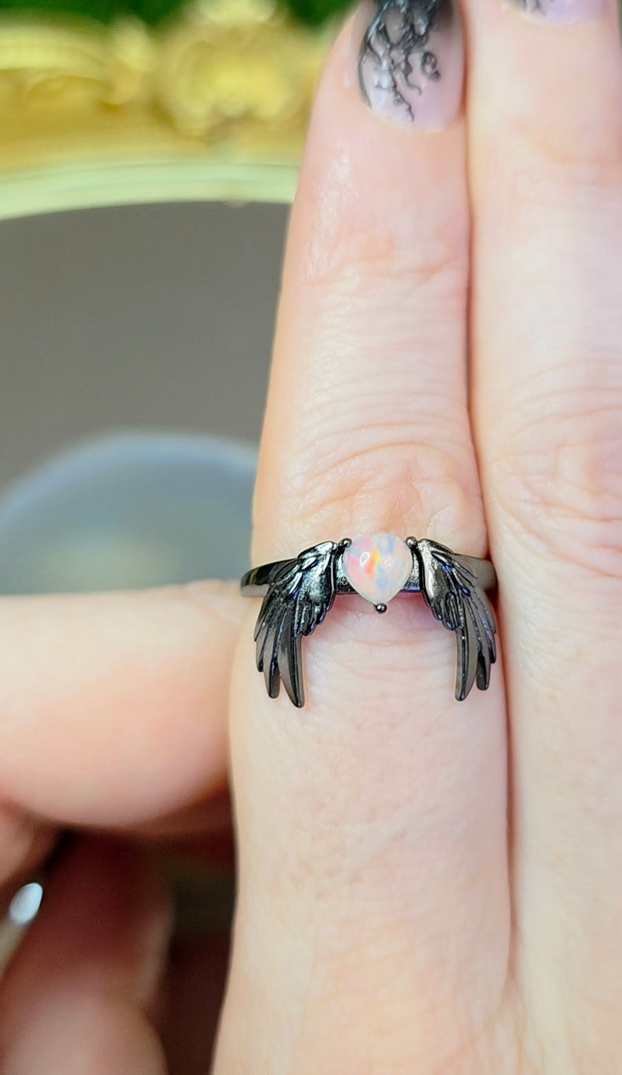 Opal and Black Silver Wings Ring