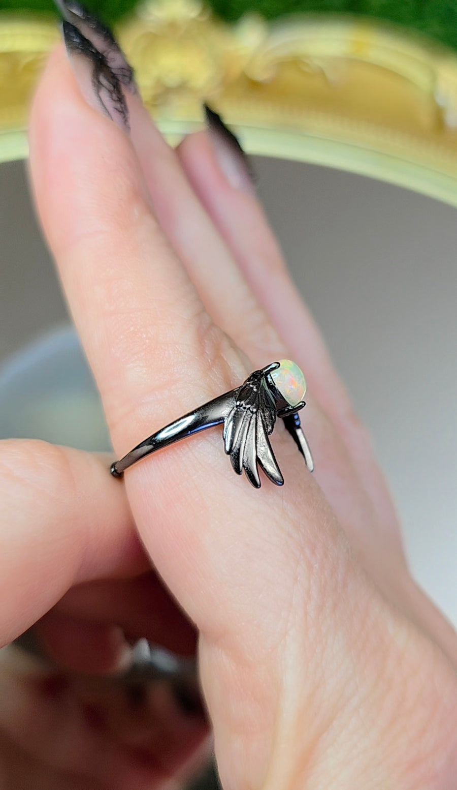 Opal and Black Silver Wings Ring
