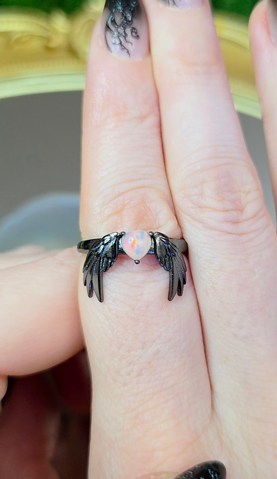 Opal and Black Silver Wings Ring