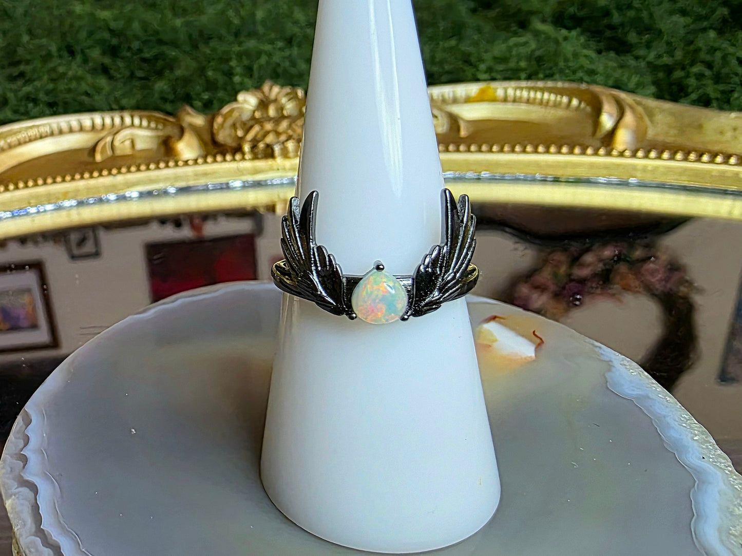 Opal and Black Silver Wings Ring