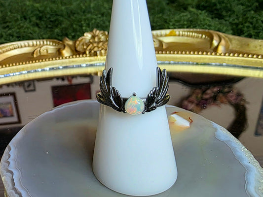Opal and Black Silver Wings Ring