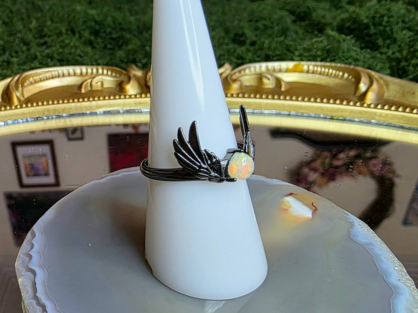 Opal and Black Silver Wings Ring