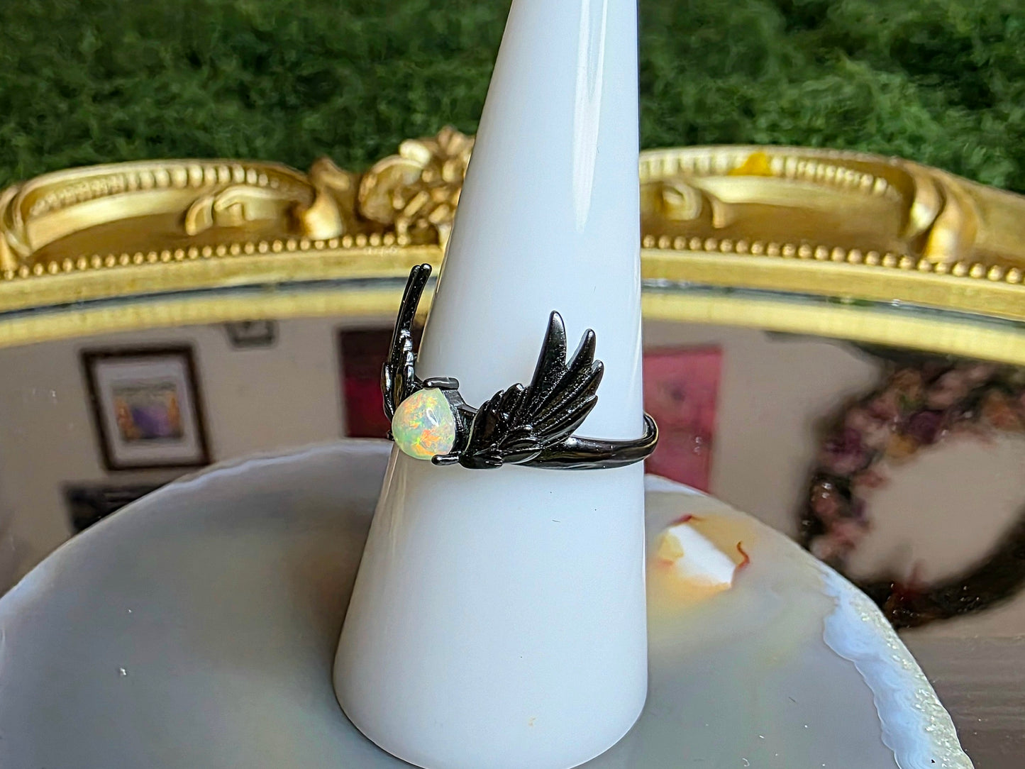 Opal and Black Silver Wings Ring