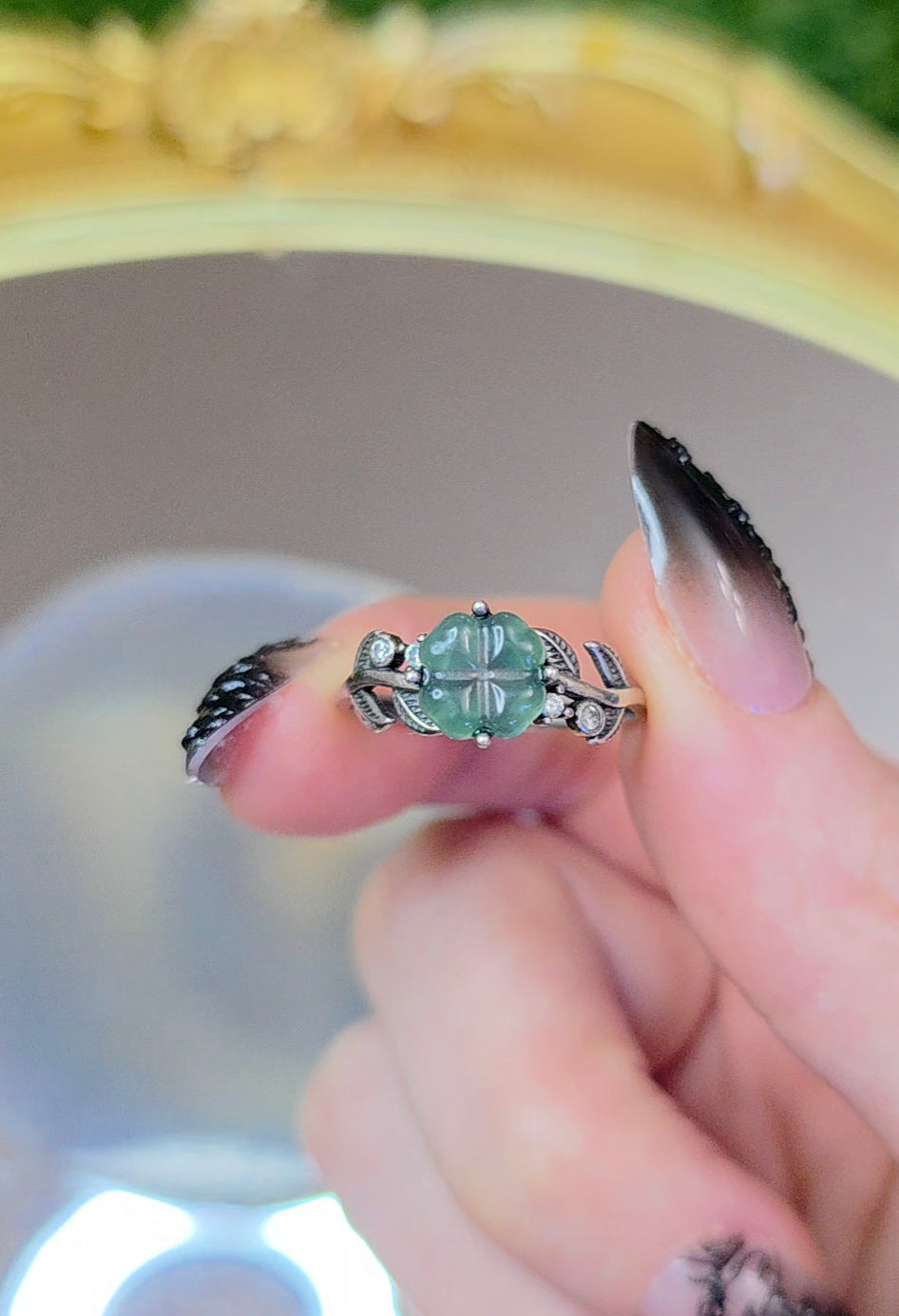 Blue Water Jadeite Clover Ring A