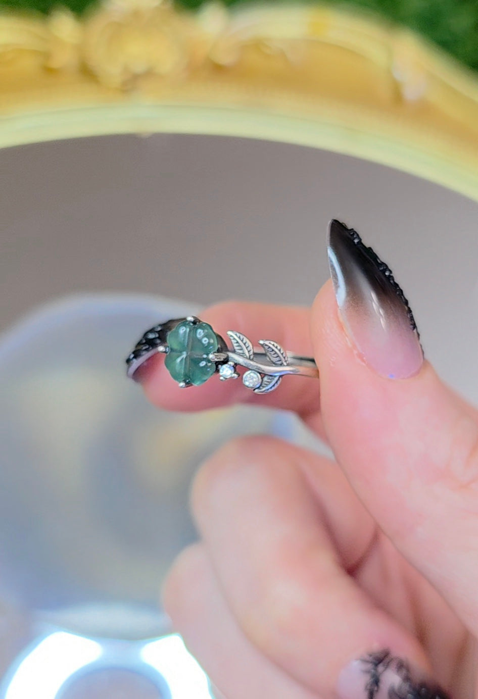 Blue Water Jadeite Clover Ring A