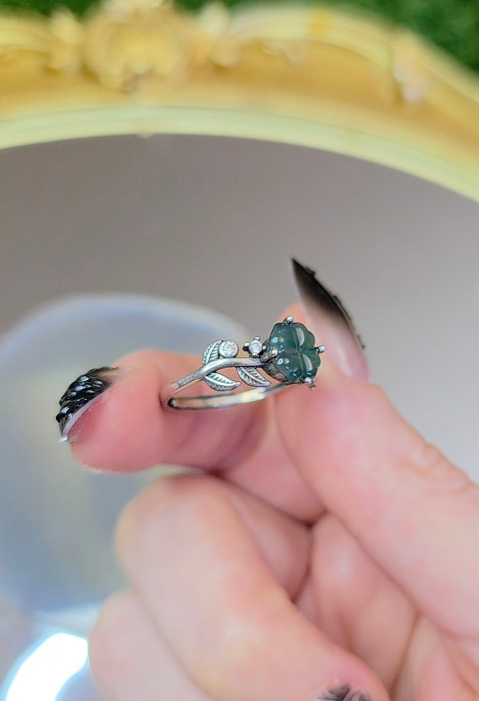 Blue Water Jadeite Clover Ring A