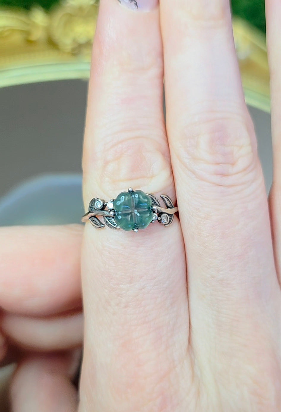 Blue Water Jadeite Clover Ring A