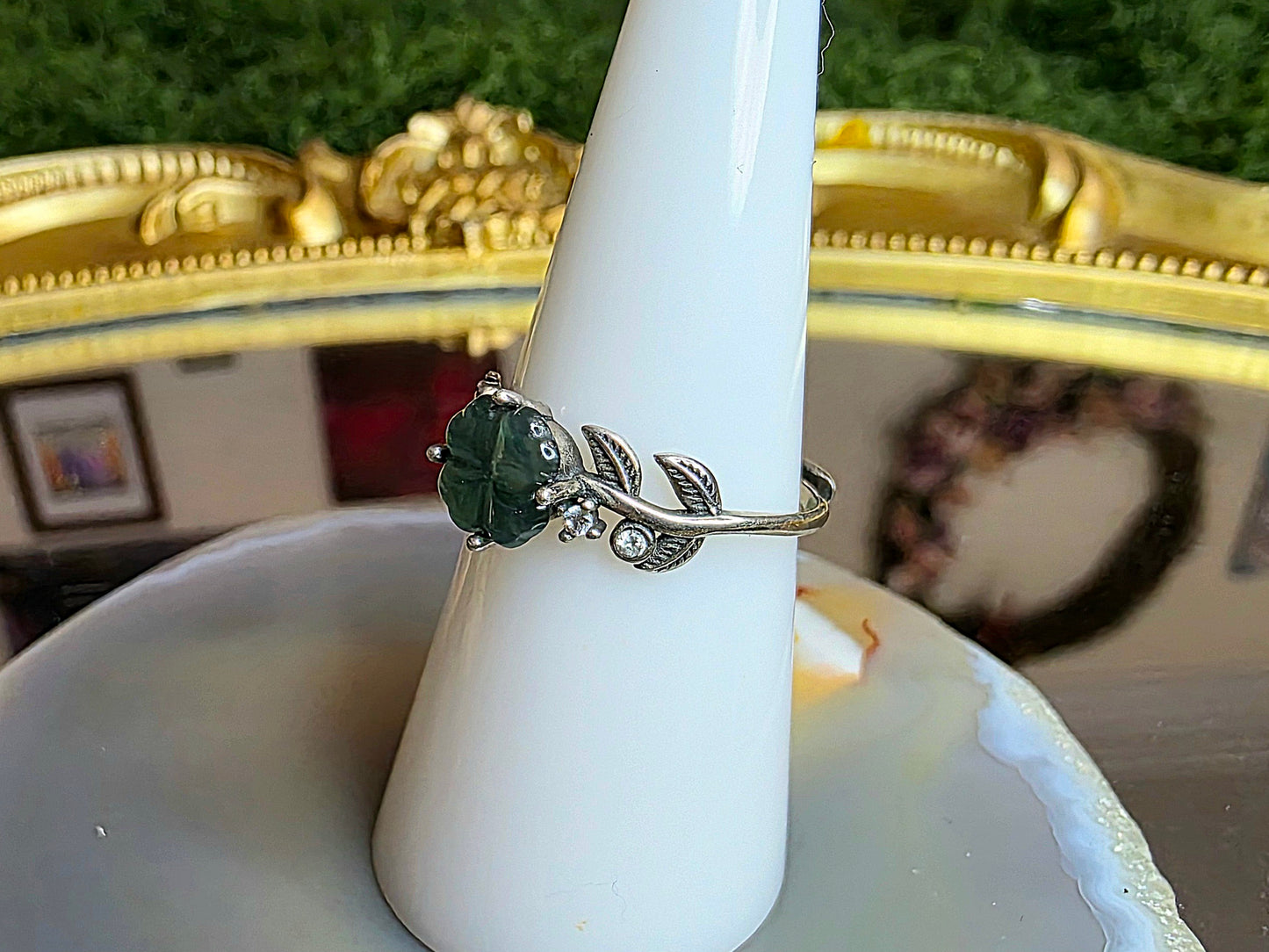 Blue Water Jadeite Clover Ring A