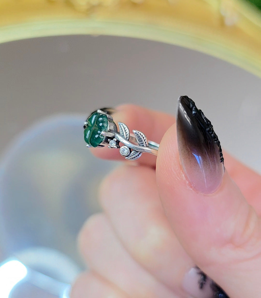 Blue Water Jadeite Clover Ring B