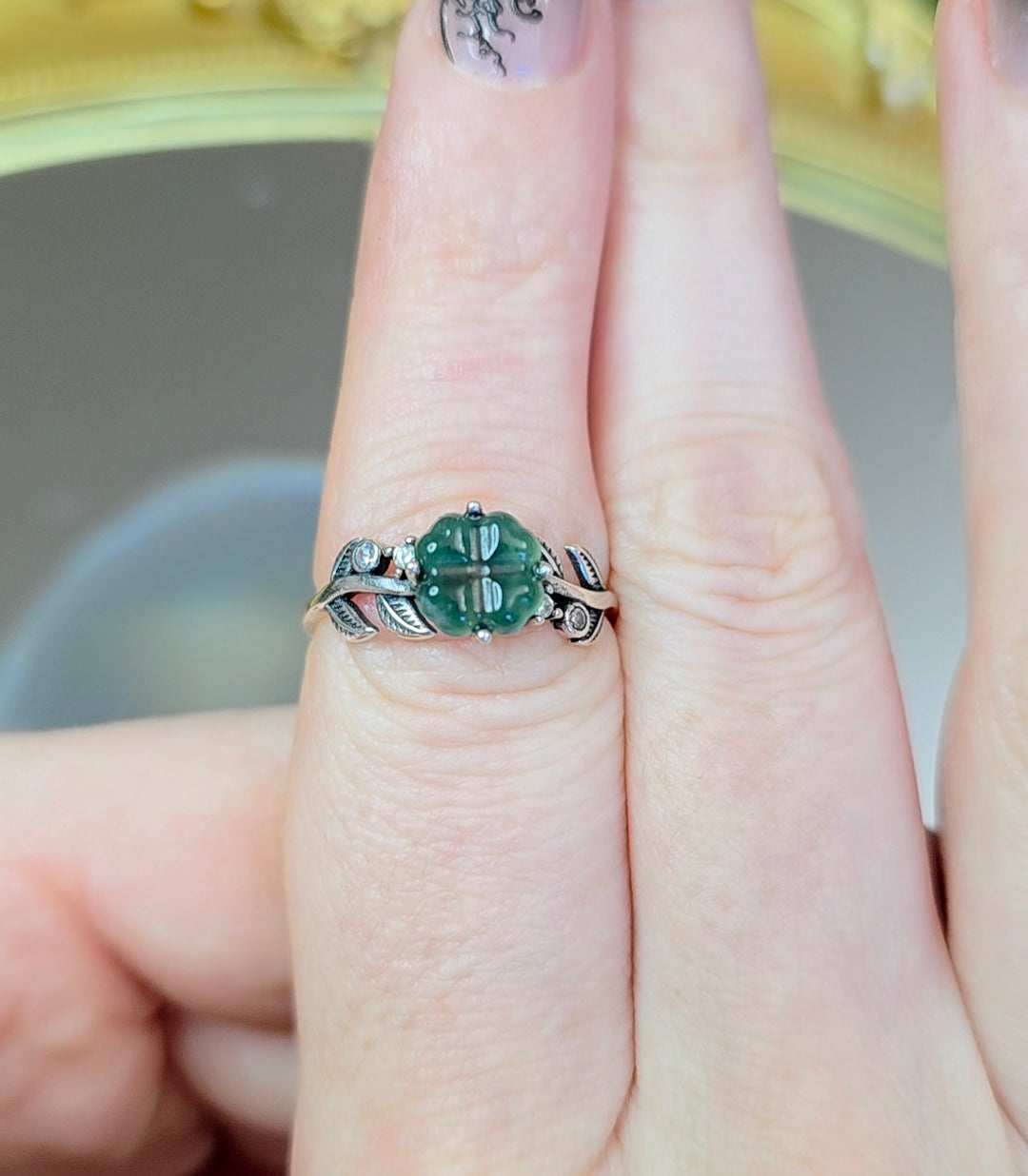 Blue Water Jadeite Clover Ring B