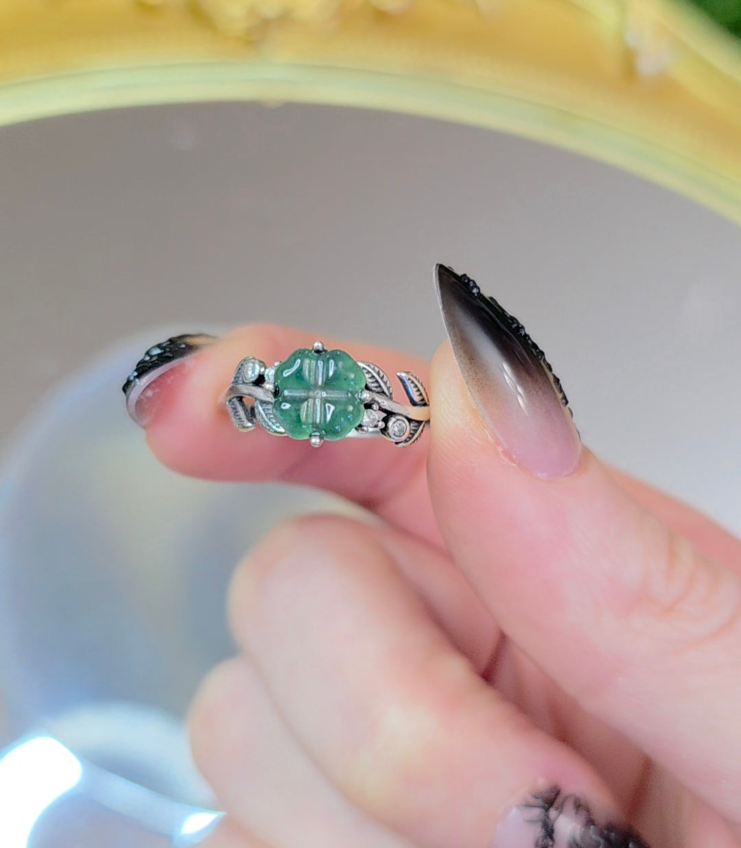 Blue Water Jadeite Clover Ring B