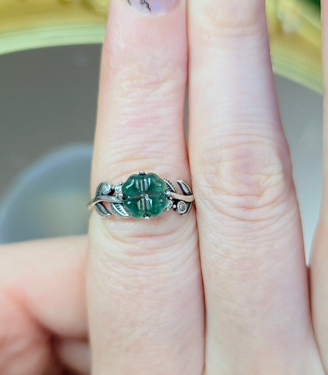 Blue Water Jadeite Clover Ring B