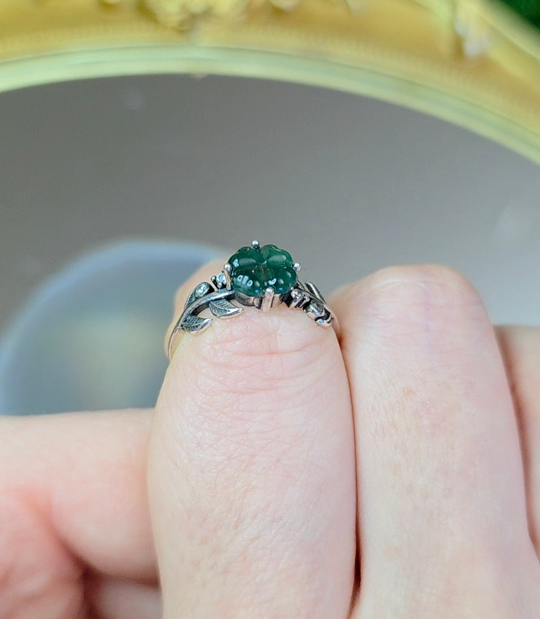 Blue Water Jadeite Clover Ring B