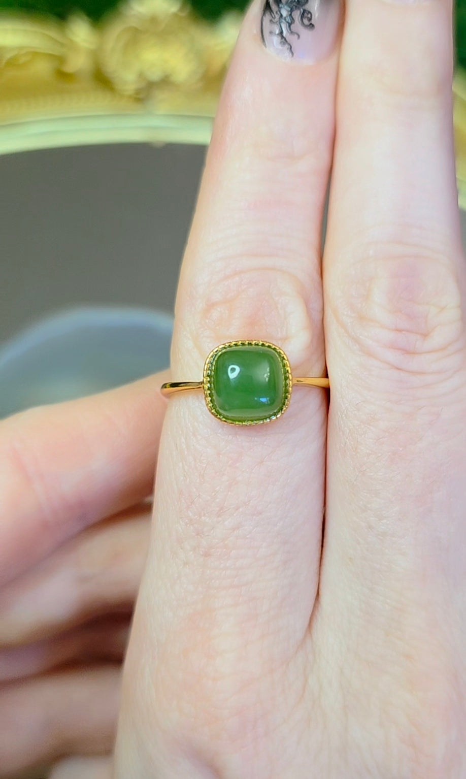 Green Jadeite Cushion Ring