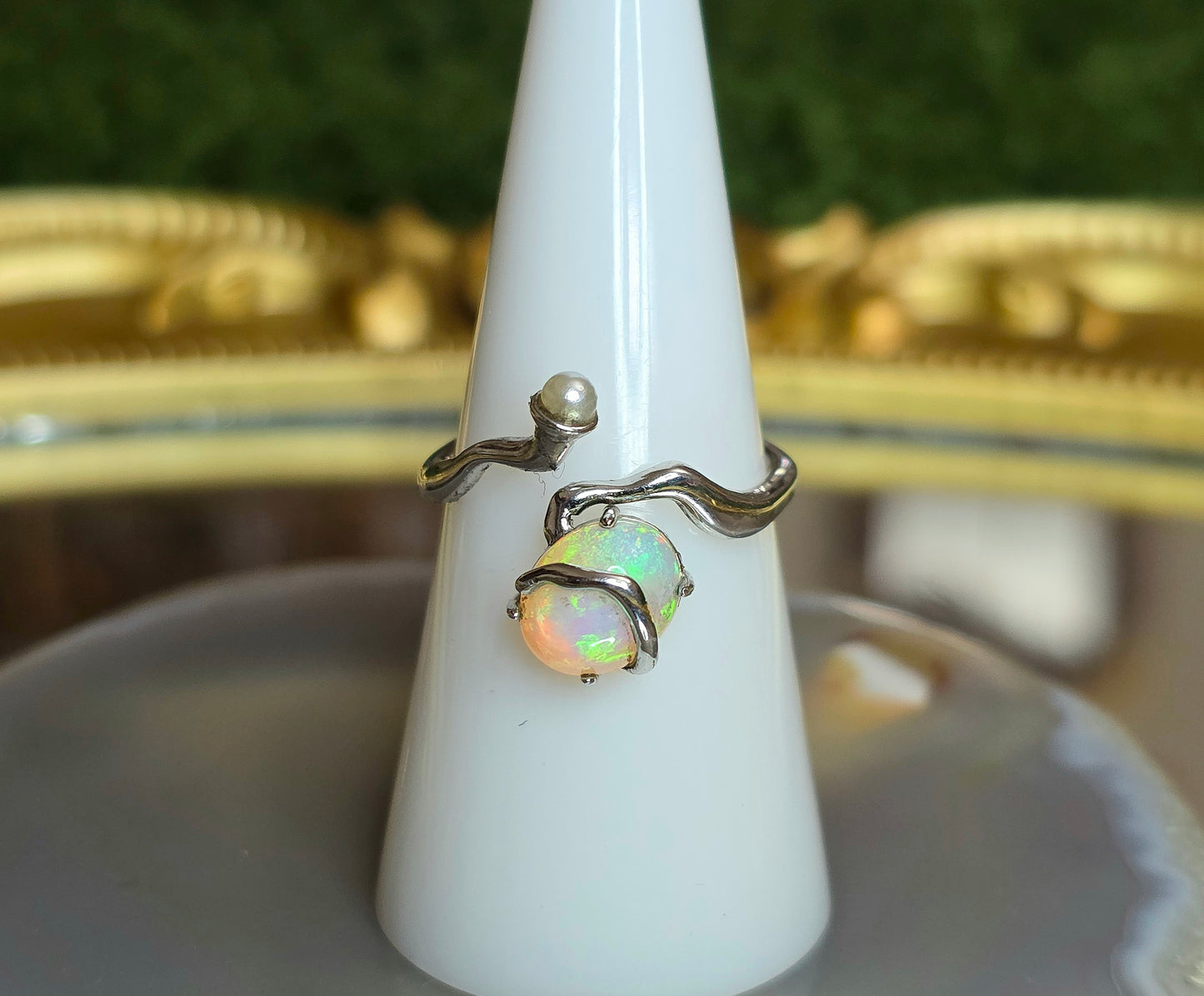 Star Opal and Pearl Ring