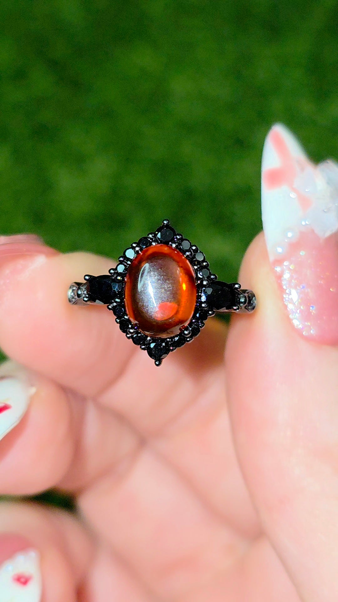 Blood Amber and Black Spinel Ring