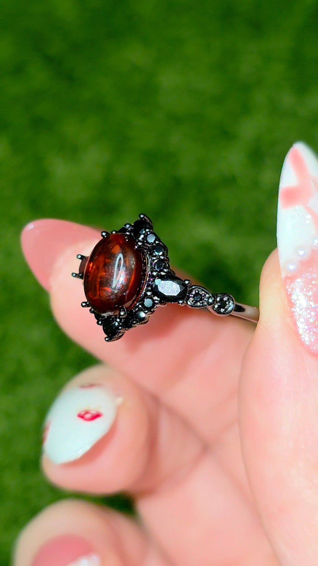 Blood Amber and Black Spinel Ring