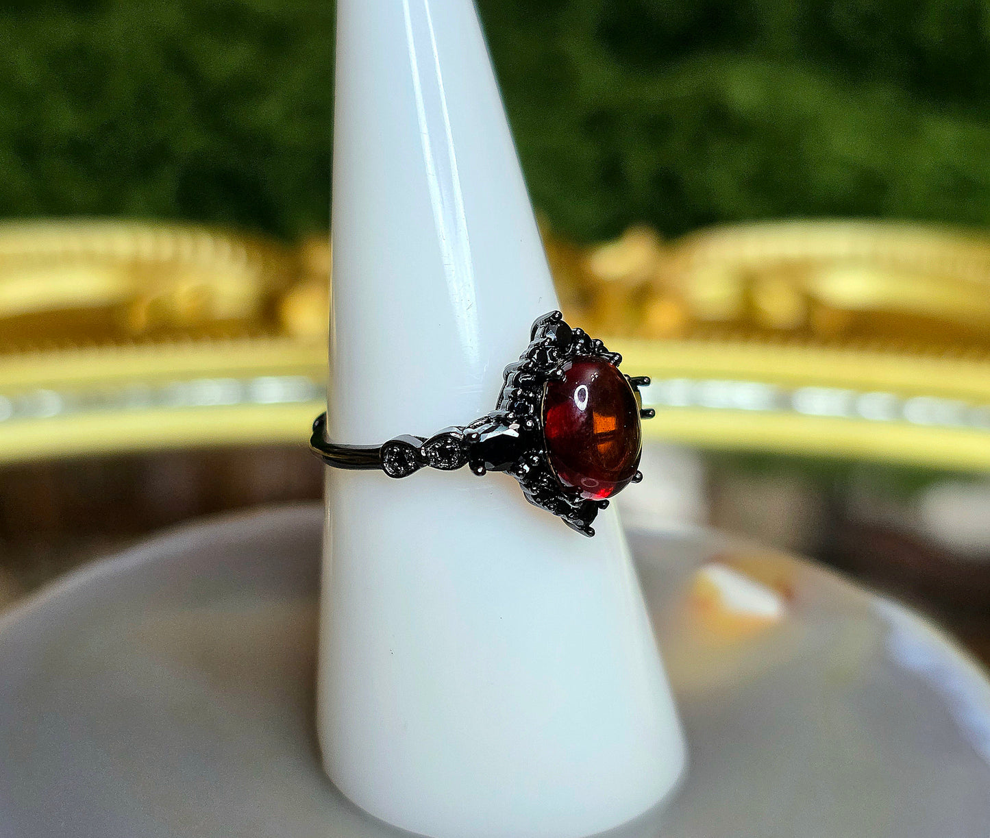 Blood Amber and Black Spinel Ring