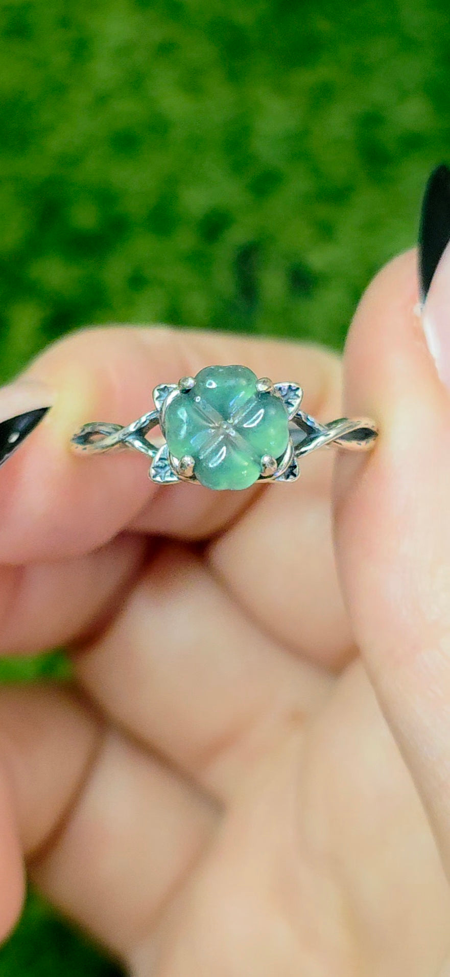 Blue Water Jadeite Clover Ring C