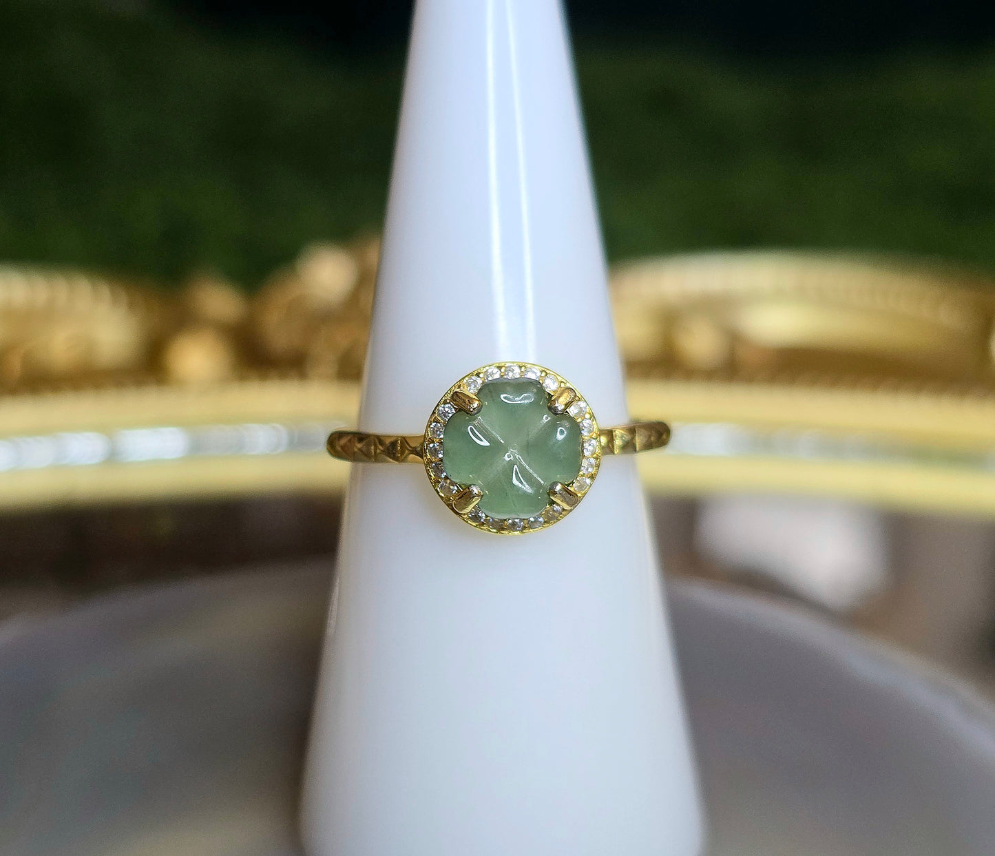 Blue Water Jadeite Clover Ring E