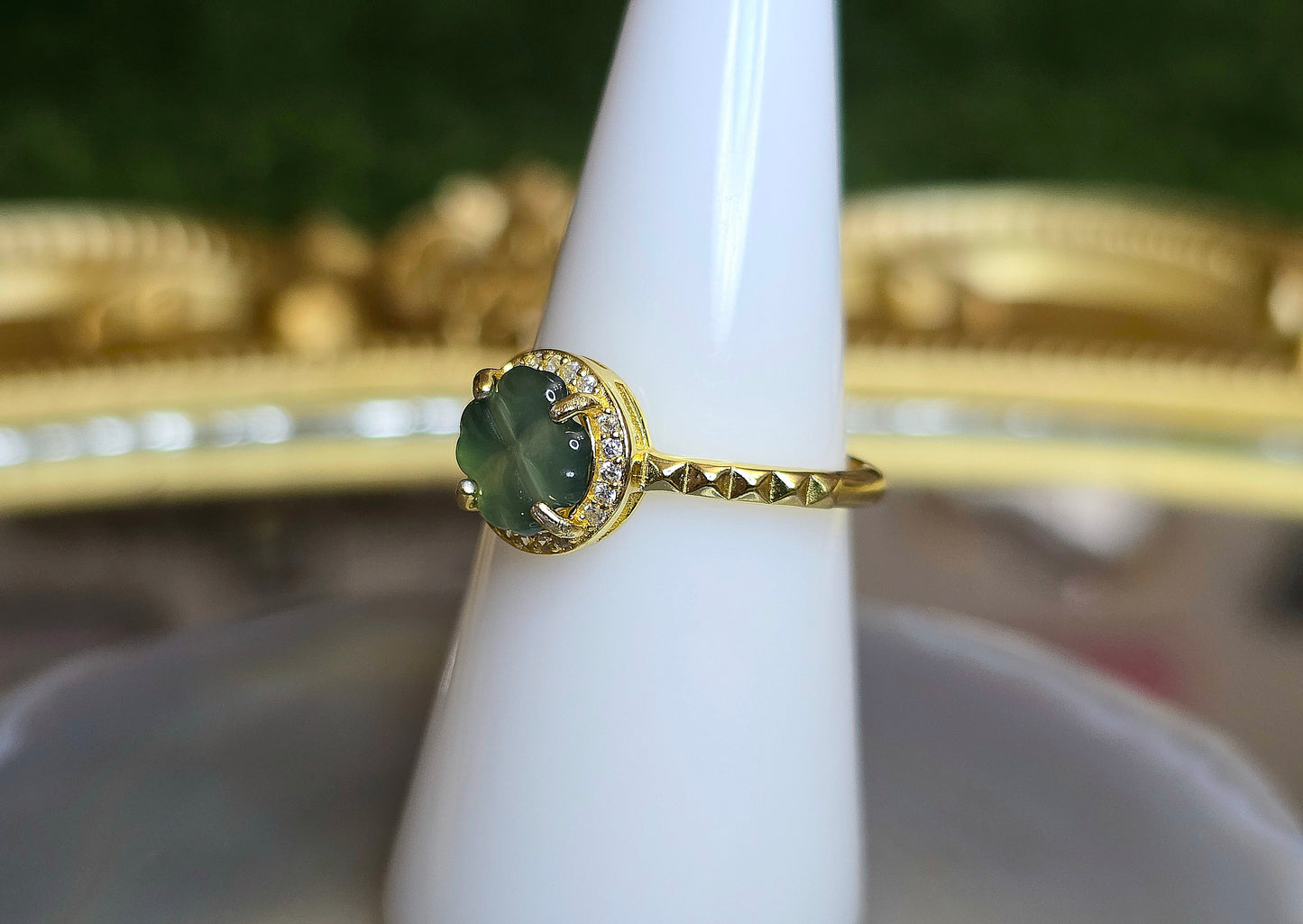Blue Water Jadeite Clover Ring E
