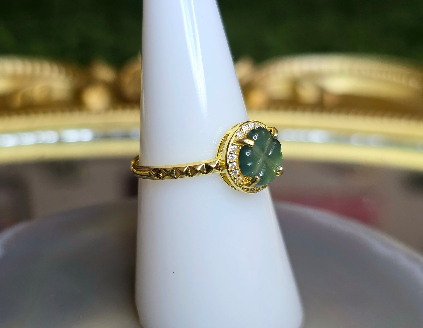 Blue Water Jadeite Clover Ring E
