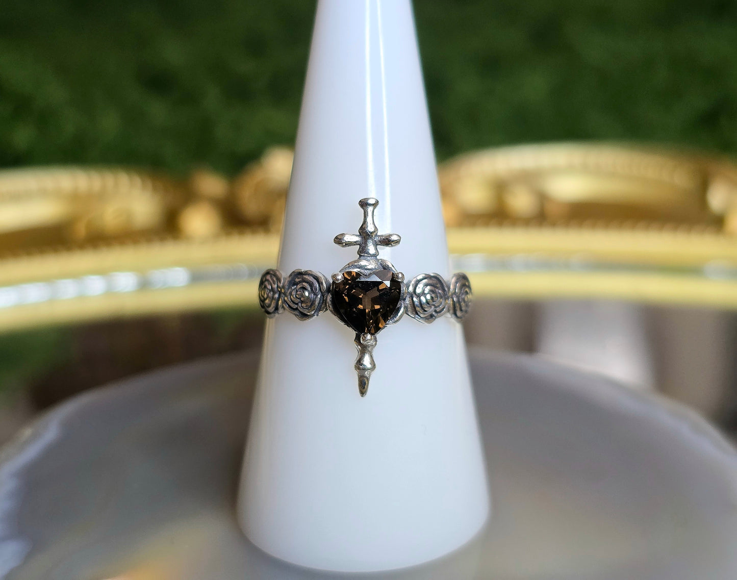 Smokey Quartz Rose and Dagger Ring