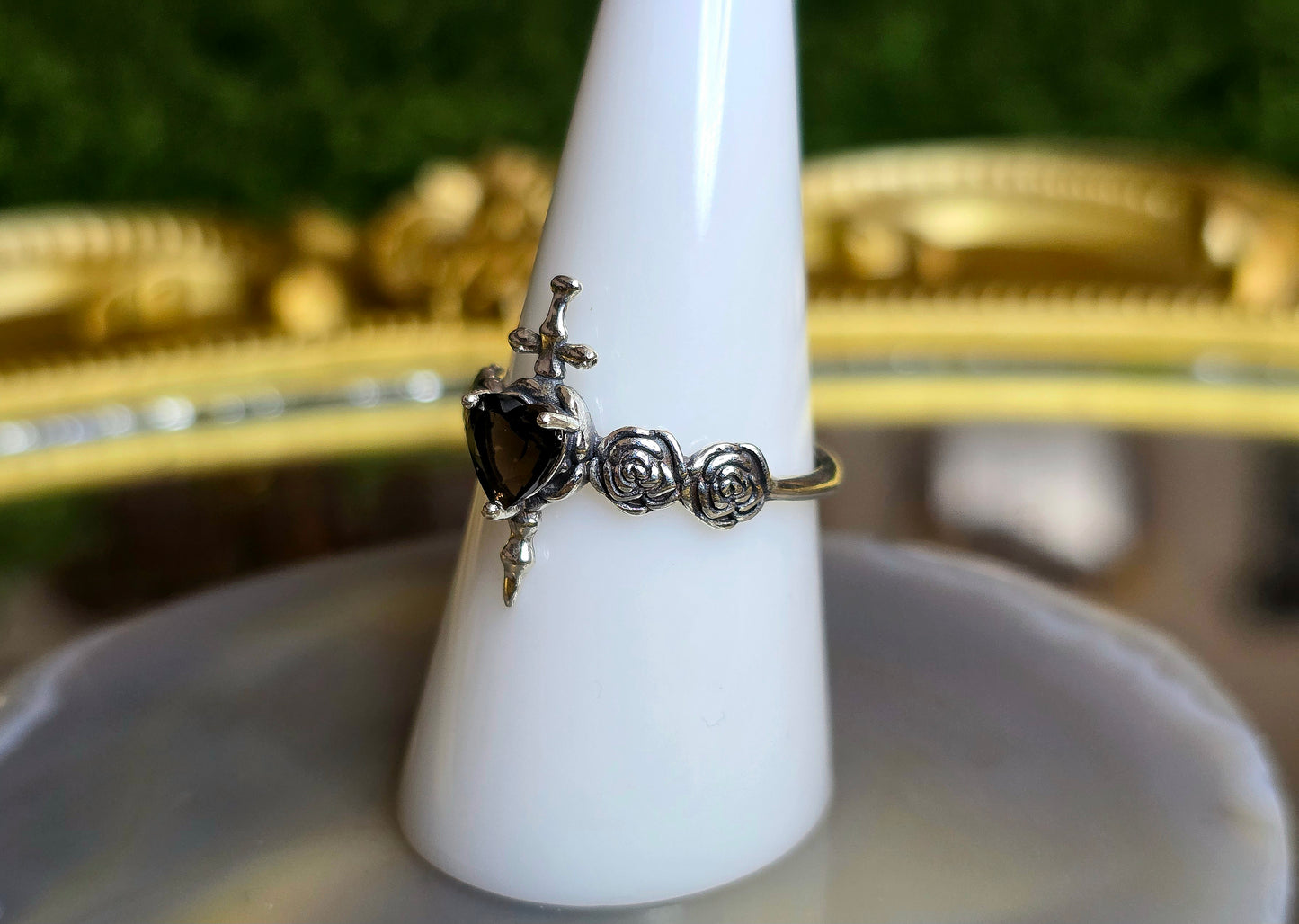 Smokey Quartz Rose and Dagger Ring