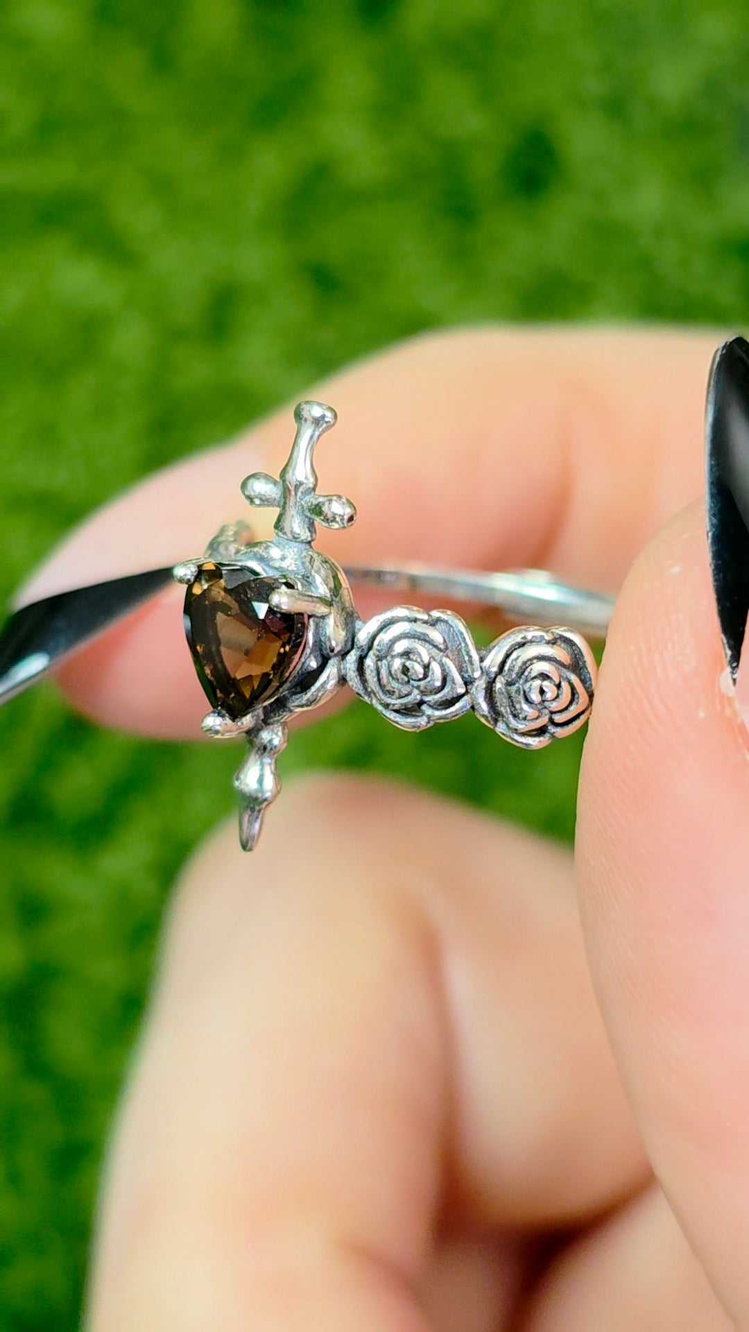 Smokey Quartz Rose and Dagger Ring