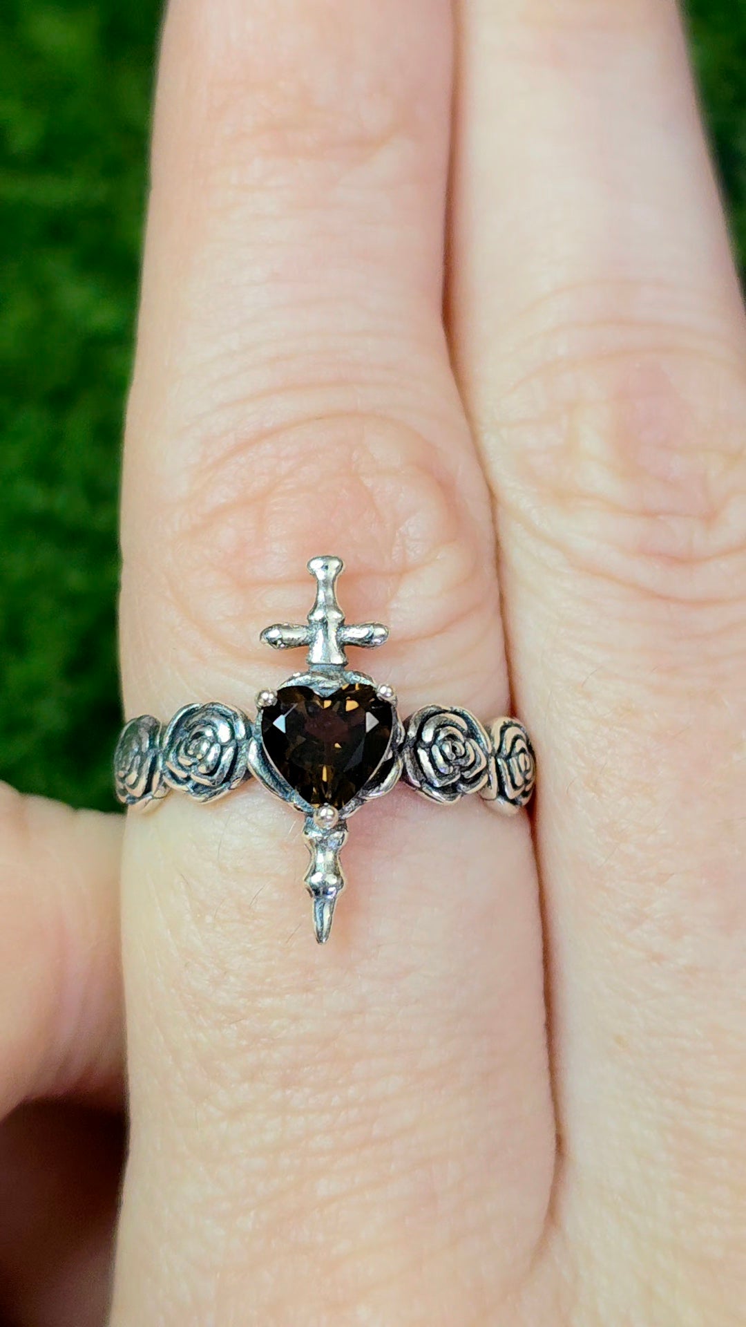 Smokey Quartz Rose and Dagger Ring