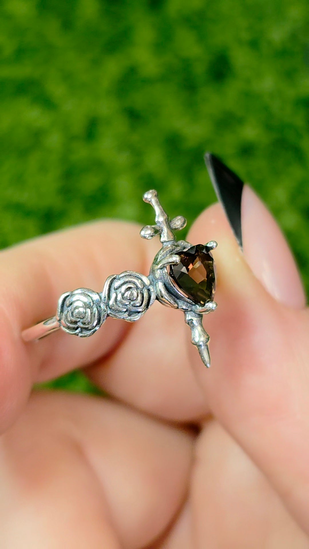 Smokey Quartz Rose and Dagger Ring